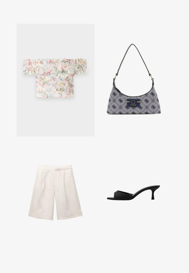 Top floral cu umerii descoperiți, confecționat dintr-un material moale și ușor, cu detalii volanate în nuanțe pastelate de roz, verde și albastru.; Pantaloni scurți bej din in, cu un croi larg, având pliseuri frontale și o talie netedă. Materialul are un finisaj ușor texturat.; Mule negre cu toc înalt, cu vârful larg deschis și un brâu curbat. Fabricate dintr-un material texturat, având un toc subțire și o talpă netedă.; Geantă de tip hobo din material albastru închis cu un model în diamond, având o placă cu logo și o curea de umăr netedă. Suprafață texturată.