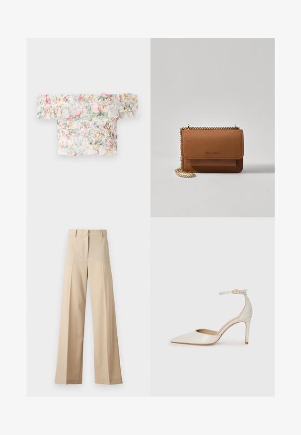Top s cvjetnim uzorkom bez ramena, izrađen od mekog, laganog materijala s nabranim detaljima u pastelnim nijansama ružičaste, zelene i plave.; Bež hlače širokih nogavica od glatkog materijala, s ravnim prednjim dijelom s plisejima, zatvaračem i petljama za remen. Ukupan kroj je prilagođen.; Bijela kožna visoko potpetica s oštrim vrhom, remenom oko članaka i tankom stiletto potpeticom. Glatka tekstura s blagim sjajnim završetkom.; Smeđa kožna torba preko tijela s teksturom, zlatnim lančićem i preklopom na zatvaranju. Na prednjoj strani nalazi se detalj s potpisom i džep ispod preklopa.