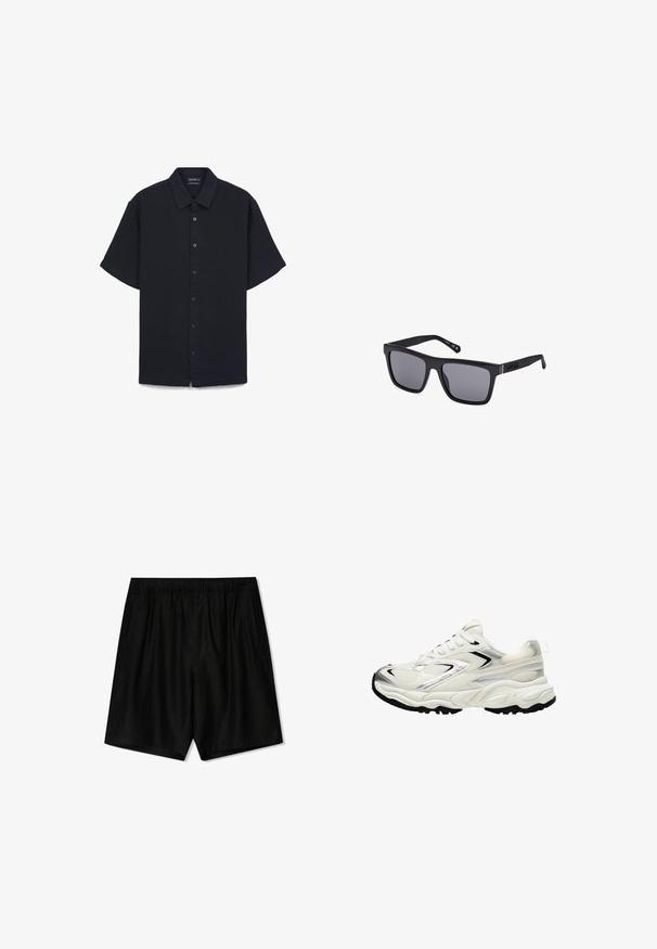 Kurzärmliges Hemd in Dunkelblau mit Kragen, Frontknöpfen und einer strukturierten Stoffqualität im entspannten Schnitt.; Schwarze Shorts mit einem elastischen Bund, zwei seitlichen Taschen und einer lockeren Passform. Hergestellt aus einem weichen Stoff mit glatter Textur.; Weiße Sneaker mit einem Obermaterial aus Mesh, silbernen Akzenten, schwarzer Sohle und strukturierten Einsätzen. Verfügt über ein Schnürdesign und eine abgerundete Zehenform.; Schwarze rechteckige Sonnenbrille mit dunklen Gläsern, matter Oberfläche und Logodetail am Bügel. Das Design hat gerade Kanten und dicke Rahmen.