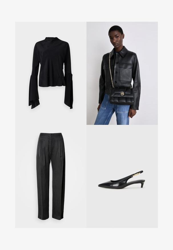 Melnā garo piedurknju blūze, izgatavota no gludas auduma, ar augstu apkakli un plānām piedurknēm ar savelkošu detaļu pie aprocēm.; Melnas platu kāju bikses no gludas auduma, ar priekšējām kroku locījumiem, rāvējslēdzēja aizdari un klasisku jostasvietas dizainu.; Melnas ādas slingback zābaki ar smailu purngalu, ar šauru papēdi un zelta krāsas akcentu uz regulējama siksniņas. Gluda tekstūra.; Melnas ādas jaka ar pogu aizdari un divām priekšējām kabatām, kopā ar melnu pufīgu rokassomu ar zelta sprādzi un ķēdes siksnu.