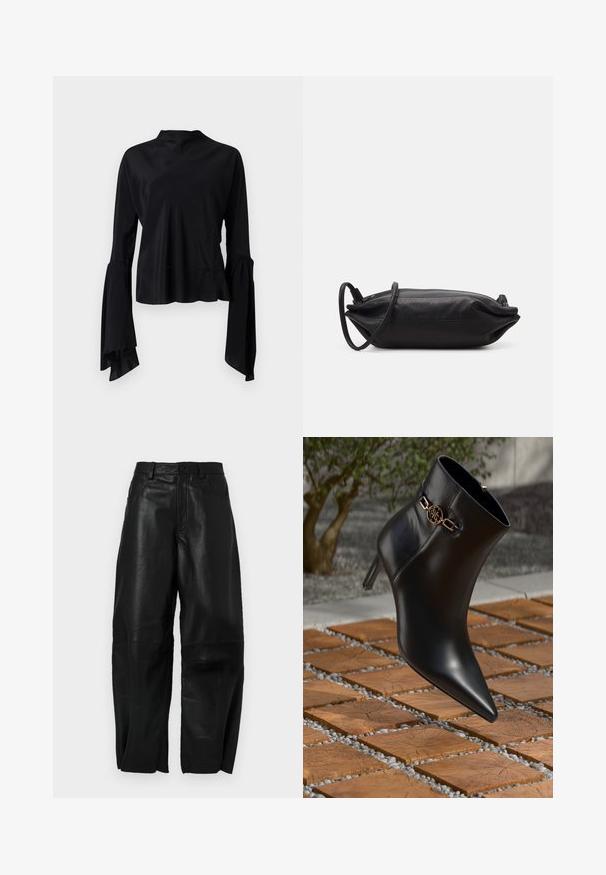Juoda ilgaaukštė bluzonė iš lygaus audinio, su aukštu kaklu ir platėjančiomis rankovėmis, turinčiomis susiėmimą prie riešų.; Juodos odinės kelnės su laisvu siluetu, tiesios kojos dizainu, priekinėmis kišenėmis ir matomais siuvimo detalėmis.; Juodas odinis kulkšninis botas su smailiu nosiu ir mažu kulnu. Pabrėžtas auksinės grandinėlės akcentas ant kulkšnies. Aplinkui – tekstūruotas akmeninis paviršius.; Juodas odinis vakarėlių krepšys, stačiakampio formos, lygiu paviršiumi, plonu peties dirželiu ir minimalistiniu dizainu.
