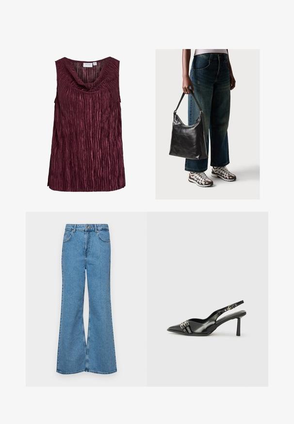 Top sem mangas bordô com decote drapeado, apresentando pregas verticais e uma superfície texturizada. Feito de um tecido leve e brilhante.; Jeans de brim azuis claros, com corte à boca de sino, apresentando uma cintura alta, cinco bolsos e um fecho de botão único. Textura macia com acabamento desbotado.; Sapato slingback preto em pele patentada com bico apontado, tiras no tornozelo apresentando fivelas e acessórios prateados, e um salto elegante.; Bolsa de ombro em couro preto com textura suave e alça ajustável, combinada com jeans de perna larga desbotados e ténis desportivos.