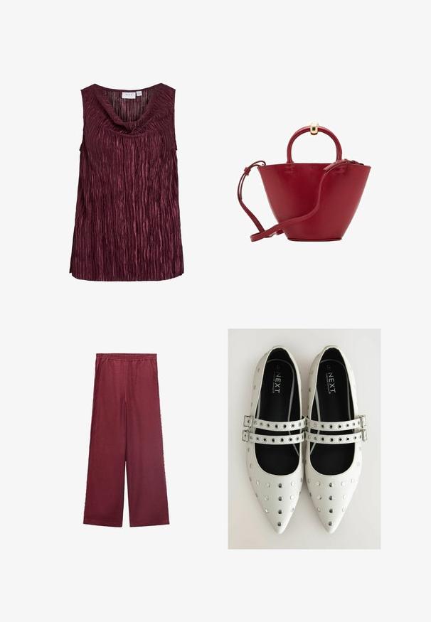 Burgunderfarbener ärmelloser Top mit drapiertem Ausschnitt, der vertikale Falten und eine strukturierten Oberfläche aufweist. Hergestellt aus einem glänzenden, leichten Stoff.; Burgunderfarbene weit geschnittene Hose aus weichem Material, mit einem elastischen Bund, zwei Seitentaschen und einer lässigen Silhouette.; Weiße Lederflachschuhe mit spitzen Zehen, ausgestattet mit silbernen Nieten und zwei Riemen mit Schnallen über dem Spann. Schwarze Innenausstattung.; Rote Lederhandtasche mit abgerundetem Oberteil, strukturierter Kegelform, einem kurzen Henkel und einem abnehmbaren Schultergurt. Verfügt über Akzente aus goldfarbener Hardware.