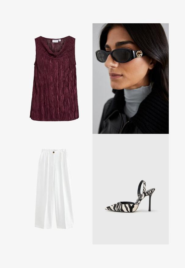 Burgundijska brezrokavna majica z nagubanima ovratnikom, ki vsebuje vertikalne gube in teksturirano površino. Narejena iz sijočega, lahkega materiala.; Bela široka hlače iz lahkega materiala. Imajo gumbasto zapiranje, dve stranski žepki in sproščen kroj.; Slingback pete z visoko konico v črno-kremastem zebrovem vzorcu, z ozkim visokim peto in odprtimi hrbtom ter črnim notranjim delom.; Črne sončne očala z elegantnim pravokotnim okvirjem in zlatim logotipom na strani. Temna stekla in sijajna površina sta izrazita.; Črna usnjena torba za rame s pletenim vzorcem in ohlapno obliko ter širokim naramnim trakom. Ima teksturiran, prepleten dizajn s gladkim zaključkom.