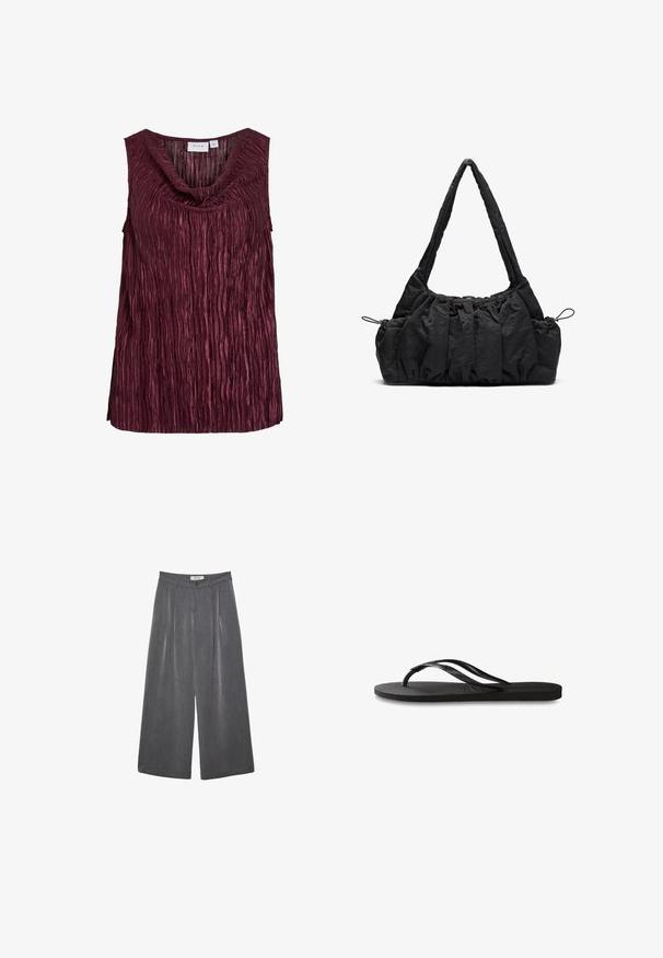 Burgundy sleeveless top with a draped neckline, featuring vertical pleats and a textured surface. Made of a shiny, lightweight fabric.; Pleated wide-leg trousers in a dark gray fabric with a subtle texture. Features a button closure and a classic waistband design.; Black flip-flop featuring a textured rubber sole, two slender straps, and a subtle, embossed logo detail on the strap.; Black fabric handbag with gathered texture, two shoulder straps, and drawstring closure on sides. Smooth, lightweight material.