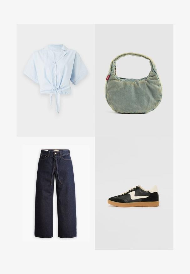 Camisa curta azul clara com listras brancas verticais, mangas curtas, colarinho e fecho na frente com laço. Feita de um tecido suave e leve.; Calças de ganga de perna larga, em azul escuro, com uma cintura alta, apresentando um cordão, cinco bolsos e detalhes de costura em contraste.; Sapatilha em camurça e couro pretos com um swoosh lateral em creme e um calcanhar em creme claro. Apresenta atacadores bege e uma sola de borracha tipo gum.; Bolsa de denim azul clara com alça curta acolchoada e pequeno rótulo vermelho da Levi's na lateral, sobre um fundo plain.