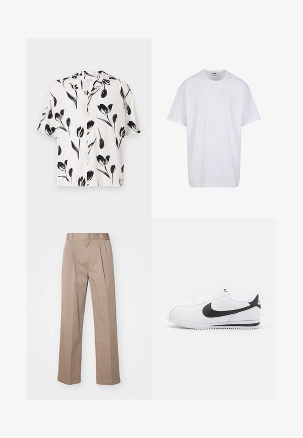 Koszula z krótkim rękawem i kołnierzykiem, uszyta z lekkiego materiału, z białym tłem pokrytym czarnymi wzorami florystycznymi oraz zapięciem na guziki z przodu.; Biała bawełniana koszulka z krótkimi rękawami, okrągłym dekoltem, luźnym krojem i bez widocznych logo lub wzorów. Gładka tekstura i minimalistyczny design.; Beżowe spodnie o wysokim stanie z szerokimi nogawkami. Posiadają dwa fałdy z przodu i gładką fakturę. Standardowa długość z czystym wykończeniem.; Białe skórzane sneakersy z czarnym logo Nike, płaskimi sznurówkami i teksturowaną gumową podeszwą. Zaokrąglony nosek i wyściełany kołnierz dla komfortu.