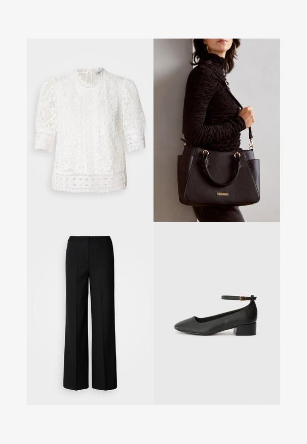 White lace blouse featuring a high neckline, puffed short sleeves, and intricate floral patterns with scalloped lace trim.; Black wide-leg trousers with a smooth fabric, featuring a high waist, tailored seams, and a minimalist design. No visible hardware or pockets.; Black leather pump with a pointed toe and a low block heel. Features an ankle strap with a gold-tone buckle. Smooth texture.; Black handbag with textured surface, dual top handles, and adjustable shoulder strap. Features gold-tone hardware and side pockets.