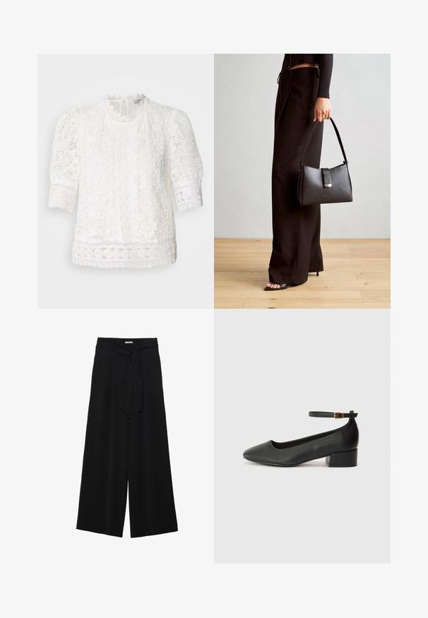 Bluza alba din dantelă cu guler înalt, mâneci scurte bufante și modele florale intricate cu margine din dantelă ondulată.; Pantaloni largi negri dintr-un material texturat, cu un tiv elastic și o panglică detașabilă la talie pentru un fit ajustabil.; Pantof cu toc negru din piele, cu vârf ascuțit și toc mic pătrat. Dispune de o curea la gleznă cu o cataramă în tonuri de aur. Textură netedă.; Genți negre cu o formă structurată, textură netedă și un închizător metalic. Asortată cu pantaloni negri largi și sandale cu vârf deschis pe un podea din lemn.