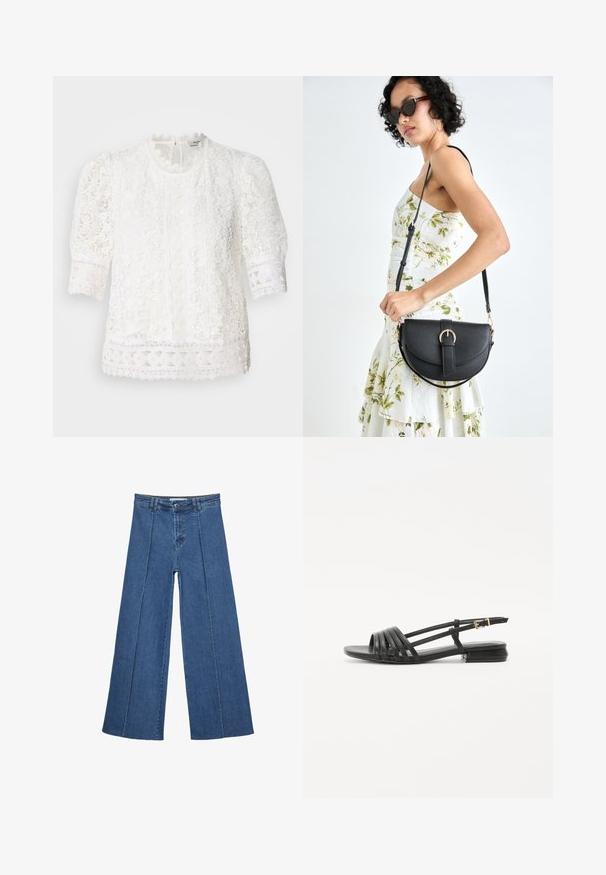 Valkoinen pitsipaita, jossa on korkea kaula-aukko, puffihuiset lyhyet hihat ja monimutkaiset kukkakuviot röyhelöpitsireunuksilla.; Korkeat vyötäröiset, keskisiniset, leveiden lahkeiden denim-farkut, joissa on nappikiinnitys ja kontrastiväriset pystysaumadetaileja edessä.; Musta litteä sandaalit, joissa on hihnattu muotoilu, sisältäen useita nahkahihnoja ja kapean nilkkasoljen. Pohja on litteä ja suorakulmainen.; Musta nahkainen käsilaukku, joka on kaareva muotoilultaan, irrotettavalla hihnalla ja kultaisilla yksityiskohdilla. Laukussa on läppä, jossa on solk yksityiskohta.