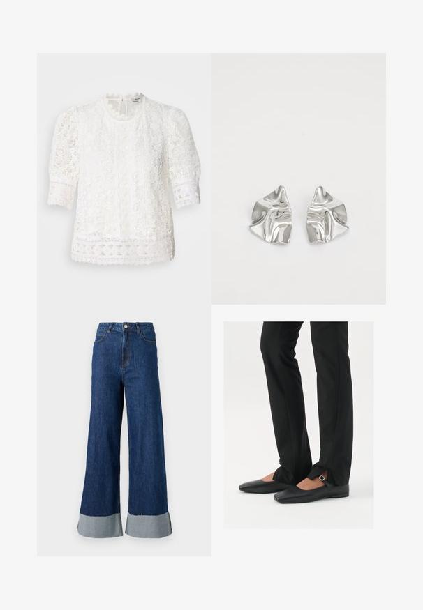 Weiße Spitzenbluse mit hohem Kragen, gepufften Kurzärmeln und filigranen Blumenmustern mit gewelltem Spitzenrand.; Weite Jeanshose mit dunkler blauer Waschung, ausgestattet mit einem kontrastierenden hellblauen Saum und klassischem Fünf-Taschen-Design.; Schwarze Leder-Ballerinas mit spitzer Zehenpartie, Riemchen mit silberner Schnalle, kombiniert mit schwarzen taillierten Hosen mit Schlitzsaum.; Silberne Metallohrringe mit einem wellenförmigen, skulpturalen Design, das eine polierte Oberfläche und unregelmäßige Formen aufweist, die eine zeitgenössische Ästhetik betonen.