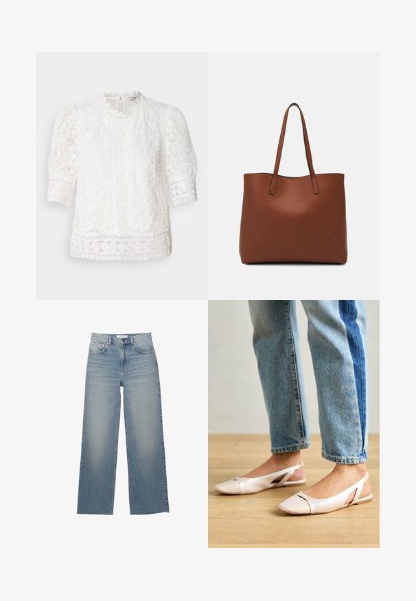 Biela čipkovaná blúzka s vysokým výstrihom, nadýchanými krátkymi rukávmi a zložitými kvetinovými vzormi s vlnitým čipkovaným lemom.; Svetlomodré nohavice s širokými nohavicami vyrobené z denimu, s vysokým pásom, prednými vreckami a zapínaním na gombík. Hladká textúra s vyblednutými oblasťami.; Svetloružové slingback baleríny s jemne špicatou špičkou, vyrobené z hladkého materiálu pripomínajúceho kožu. Majú výrezové detaily na stranách a plochý opätok.; Hnedá kožená taška na rameno s hladkou textúrou, otvoreným vrchom a dvoma ramenými popruhmi. Má minimálne šitia a žiadne viditeľné kovania.