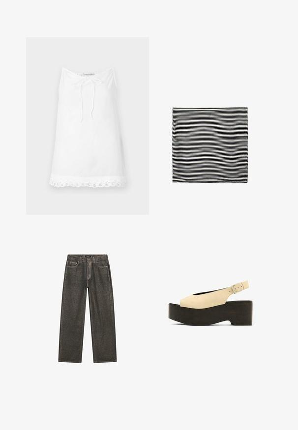 White sleeveless top with a drawstring neckline and lace trim at the hem. Made of lightweight fabric, featuring a relaxed, loose fit.; Dark gray wide-leg jeans made of denim, featuring a classic five-pocket design, sturdy stitching, and a zip fly with a button closure.; Beige suede platform sandals with an open toe, slingback design, and a dark wood-like base, featuring a metal buckle for adjustment.; Black and white striped scarf, made of lightweight fabric. Rectangular shape with even, alternating stripes of varying widths. Soft texture.; Woven brown handbag with a rectangular shape, structured handle, and textured surface. Features a closed top and intricate weaving pattern.