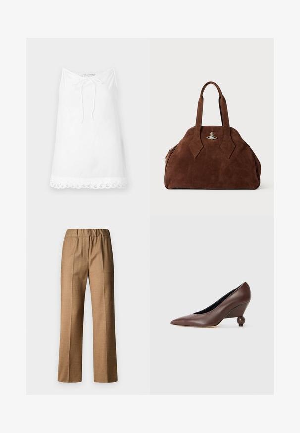 Weißes ärmelloses Oberteil mit einer Kordelzug-Ausschnittöffnung und Spitze am Saum. Hergestellt aus leichtem Stoff, mit einer entspannten, lockeren Passform.; Braune, strukturierte Hose mit entspannter Passform, breitem Bein und elastischem Bund. Maßgeschneiderter Stil mit vorderen Falten.; Braune Leder-Wedge-Pumpe mit spitzem Zeh und runder, ballförmiger Ferse. Glatte Textur mit einem schlichten Design und minimalen Akzenten.; Braune Wildleder-Handtasche mit strukturiertem Design, abgerundeter Form und länglichen, diamantförmigen Griffen. Mit einem silbernen Metallverschluss ausgestattet.