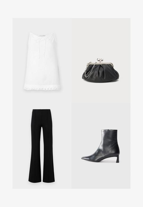 White sleeveless top with a drawstring neckline and lace trim at the hem. Made of lightweight fabric, featuring a relaxed, loose fit.; Black flared pants with a high waist, made of stretchy fabric. Features vertical seam details on the front and a smooth texture.; Black leather ankle boot with a pointed toe and a sleek design. Features a low heel and a zipper closure at the back. Smooth texture.; Black leather clutch with gathered texture, silver-tone metal frame, kiss-lock closure, and chain strap. Smooth, soft surface.
