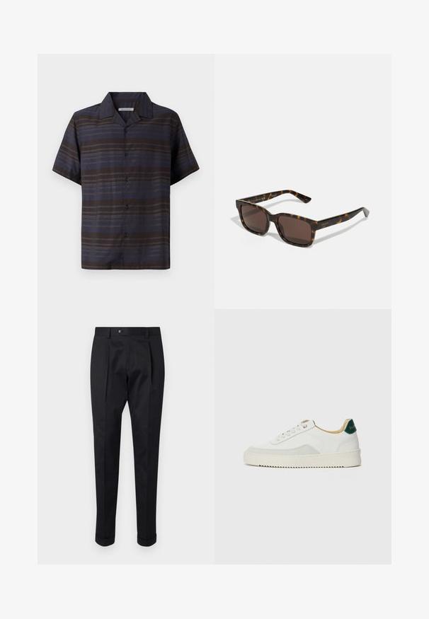 Camisa de mangas curtas em azul escuro e castanho com riscas verticais, frente de botões, colarinho pontiagudo e textura de tecido suave.; Calças pretas feitas de um tecido suave, com um vinco na frente, fechamento com botão e punhos dobrados no tornozelo.; Tênis brancos com detalhes em camurça, bico arredondado, atacadores planos e sola de borracha creme. Apresenta uma marcação verde no calcanhar.; Óculos de sol Gucci com armações quadradas em plástico tartaruga e lentes castanhas. Apresenta uma marcação discreta nas hastes.