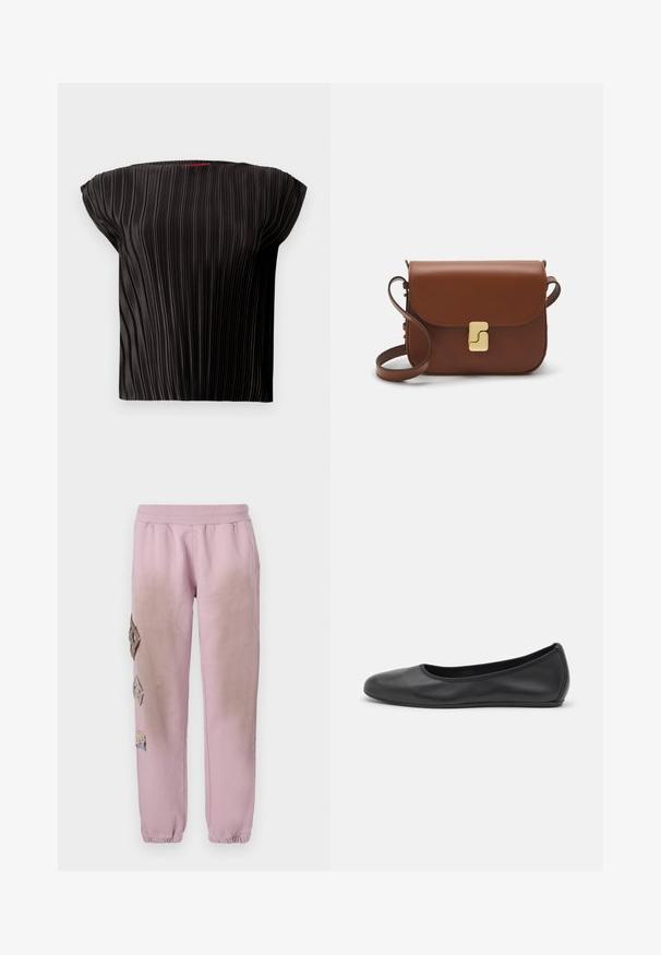 Melns, drapēts tops ar plašu, noapaļotu dekoltē un īsām piedurknēm. Izgatavots no teksturēta auduma, kam visā garumā ir vertikālas līnijas.; Rozā sporta bikses ar elastīgu jostu, kurām labajā pusē ir dekoratīvi uzliktni dimanta formā un elastīgas apkakles pie potītēm.; Melna ādas baleta kurpe ar noapaļotu purngalu, gludu tekstūru, minimālu šuvju detalizāciju un elastīgu zoles dizainu.; Bordo ādas rokas soma ar atloku, zeltītām detaļām, plecu siksnu un gludu virsmu. Kompakta, taisnstūrveida forma.