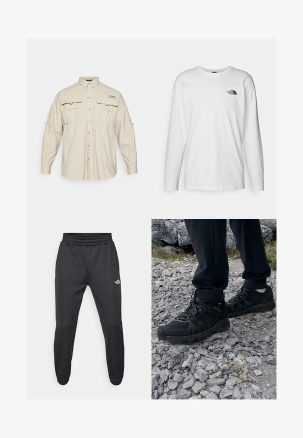 Columbia BAHAMA™ SHIRT - Camicia - fossil; T-shirt bianco a maniche lunghe in cotone con colletto rotondo. Presenta un piccolo logo nero sul petto. Texture liscia, vestibilità regolare.; Pantaloni sportivi neri con vita regolabile tramitecordino, vestibilità affusolata, polsini elasticizzati e un piccolo logo bianco sulla coscia sinistra, realizzati in tessuto morbido.; Scarpe da esterni nere realizzate in mesh e materiale sintetico, con una parte superiore testurizzata, un sistema di allacciatura sicuro e una suola robusta, su terreno roccioso.