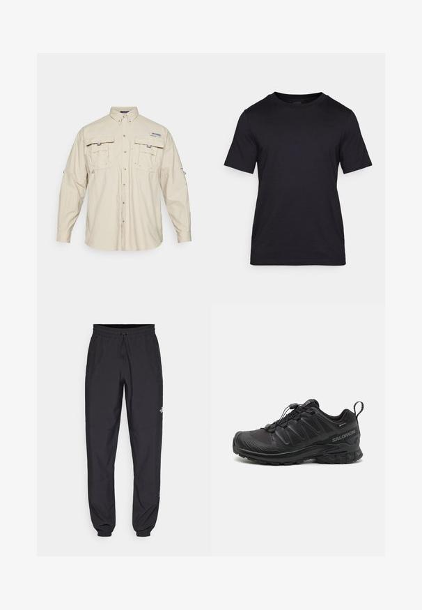 Columbia BAHAMA™ SHIRT - Srajca - fossil; Črna majica z kratkimi rokavi, izdelana iz gladkega materiala, z okroglo izrezanem ovratnikom. Diskretno logotip je natisnjen v črni barvi na prsih.; Črne atletske hlače iz lahkega materiala, ki imajo elastični pas z vezalko, stranske žepe in zožene manšete na gležnjih.; Črne športne čevlje z teksturiranim sintetičnim zgornjim delom, oblazinjenim podplatom in sistemom hitrega vezanja. Imajo ojačano konico in peto.