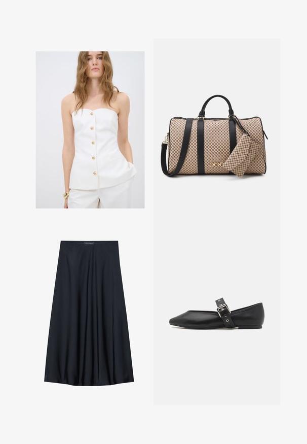Biała dopasowana bluzka bez ramiączek, z rzędem złotych guzików, strukturalnymi szwami i bocznymi kieszeniami. Gładki, teksturowany materiał.; Czarna spódnica do kolan, wykonana z lekkiego materiału o zwiewnym kroju. Charakteryzuje się gładką fakturą i subtelnymi fałdami dla dodatkowego detalu.; Czarne skórzane buty płaskie z ostrym noskiem, bocznym paskiem z srebrną klamrą i niskim obcasem. Gładka tekstura i minimalistyczny design.; Torba typu duffle w beżowym wzorowanym wykończeniu, z czarnymi skórzanymi paskami, złotymi elementami oraz małą pasującą kieszonką przyczepioną do torby. Strukturalny design.; Złoty prostokątny zegarek na nadgarstek z białą tarczą, srebrnymi znacznikami godzin i wytrzymałym metalowym bransoletą. Wbudowana funkcja wodoodporna.