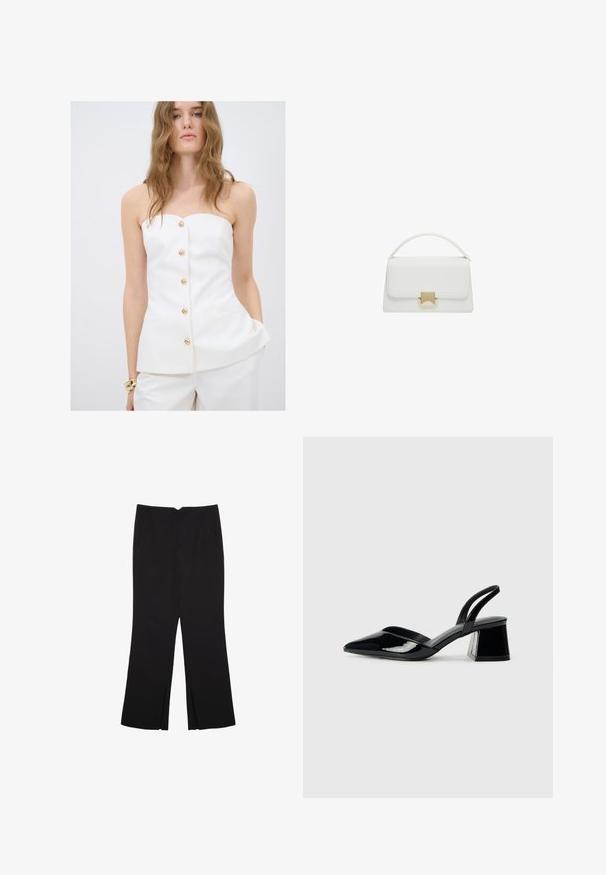 Hvid tætsiddende top med en strapless design, der har en række guldknapper, strukturerede syninger og sidelommer. Glat, tekstureret stof.; Sorte bukser med lige pasform, der har frontlommer og slidser i kanten. Lavet af blødt, glat stof. Velegnet til forskellige anledninger.; Sorte patentlæder slingback hæle med spids tå og en geometrisk blok hæl. Har et elegant, minimalistisk design og en glat tekstur.; Hvid læderhåndtaske med en struktureret design, der har et håndtag på toppen og en guldfarvet spænde. Glat tekstur og minimalistische detaljer.