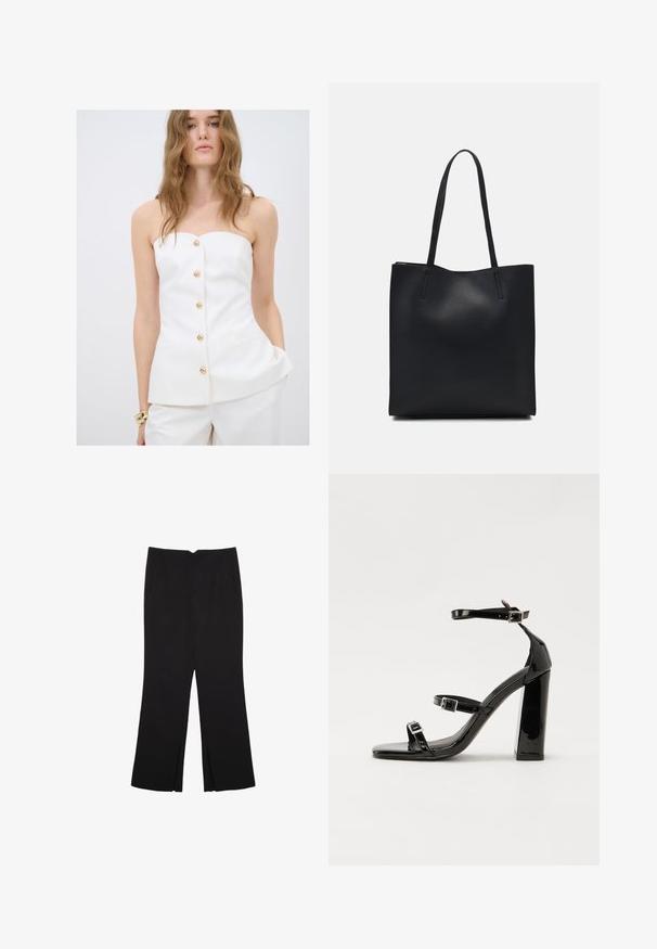 Top bianco aderente con design senza spalline, caratterizzato da una fila di bottoni dorati, cuciture strutturate e tasche laterali. Tessuto liscio e texture.; Pantaloni neri a gamba dritta, con tasche frontali e spacchi laterali all'orlo. Realizzati in tessuto morbido e liscio. Adatti a diverse occasioni.; Sandali con tacco in vernice nera, con punta squadrata, cinturini alla caviglia e fibbie in argento. Presentano un tacco a blocco spesso per maggiore stabilità.; Borsa tote in pelle nera con texture liscia, forma rettangolare e due manici lunghi. Nessun hardware o decorazione visibile.
