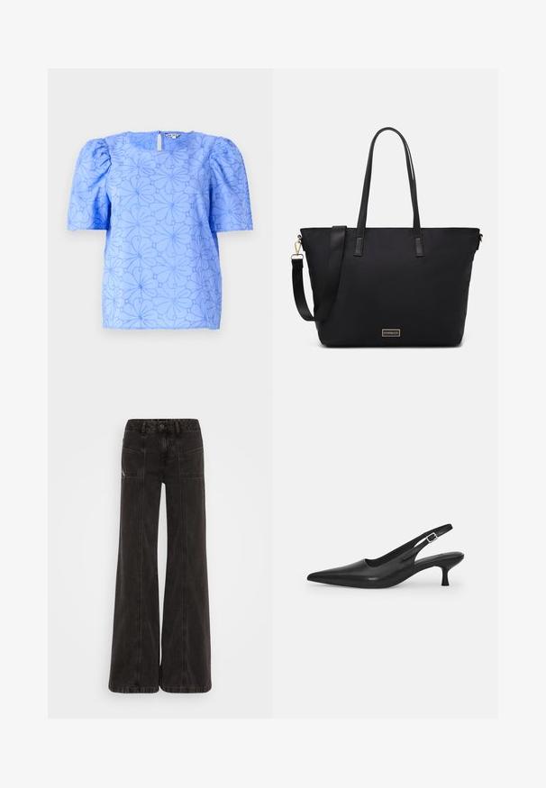 világoskék blúz puffos ujjakkal, texturált virágmintával és négyzetes kivágással; hátul kulcslyuk alakú kivágással rendelkezik.; Fekete, bő szárú farmernadrág, magas derékkal, elülső zsebekkel és az varratok mentén tónusos cérnával.; Fekete bőr szandálcipő hegyes orral és karcsú, ívelt sarokkal. Diszkrét, állítható pánttal rendelkezik, fém csattal.; Fekete vászon táska sima nylonszövettel, hosszú bőrpántokkal, levehető vállpánttal és arany logós táblával.