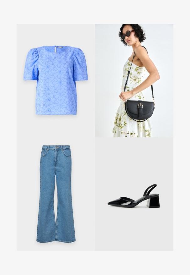 Blusa azzurro chiaro con maniche a sbuffo, motivo floreale texturizzato e scollatura quadrata; presenta un'apertura a chiave sul retro.; Jeans svasati di un blu chiaro, realizzati in denim, con vita alta, cinque tasche e chiusura a un bottone. Morbido al tatto con una finitura scolorita.; Décolleté in vernice nera con punta affusolata e tacco in geometria cubica. Presentano un design elegante e minimalista, con una texture liscia.; Borsa a tracolla nera in pelle con una forma curva, manico rimovibile e accessori dorati. La borsa presenta una patta con un dettaglio a fibbia.