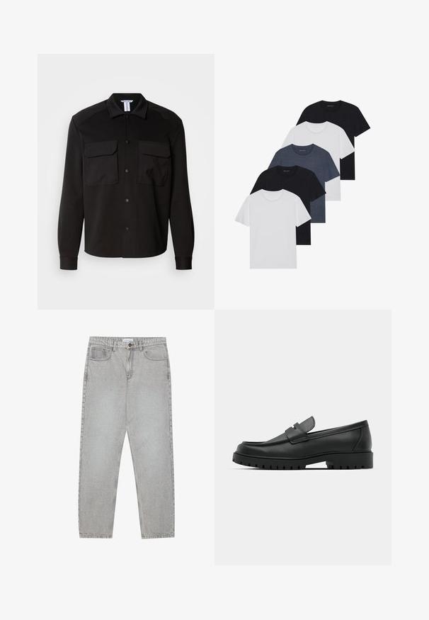 Črna srajčna jakna iz gladkega, lahkega materiala. Ima dve žepki na prsih, gumbaste zap closures in zasukan ovratnik. Dolgi rokavi z manšeti.; Set petih majic v črni, beli in mornarsko modri barvi. Bombažni material, kratki rokavi, krojen vrh z okroglim izrezom ter enostavno teksturo brez vzorcev.; Svetlo sivi traper hlače s ravnim krojem, pet žepov in gumbom za zapiranje. Vidno šivanje ob šivih.; Črne usnjene loafers čevlje z zaobljenim nosom, ki imajo šivano zasnovo, nizko platformo in teksturiran, profiliran gumijast podplat.