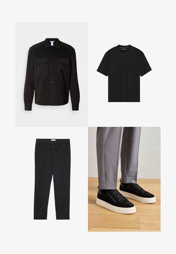 Chaqueta negra de camisa fabricada en un tejido suave y ligero. Presenta dos bolsillos en el pecho, cierres de botón y cuello puntiagudo. Mangas largas con puños.; Camiseta negra de manga corta con finas rayas horizontales blancas. Confeccionada en una tela suave, cuenta con un cuello redondo y un corte relajado.; Pantalones de algodón negro con corte slim, que presentan dos bolsillos laterales y un cierre frontal con botón. Tejido texturizado con detalles sutiles.; Zapatillas de ante negro con un acabado texturizado, que presentan una suela de goma blanca y un detalle decorativo de cremallera lateral, combinadas con pantalones grises.