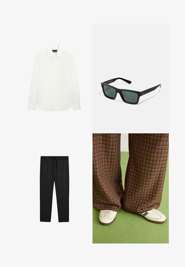 Biała koszula z długimi rękawami, z klasycznym kołnierzykiem, zapięciem na guziki i dopasowanymi mankietami. Gładki materiał o delikatnym połysku. Metka widoczna przy dekolcie.; Massimo Dutti - Spodnie materiałowe; Brązowo-niebieskie spódnice w kratę o szerokich nogawkach zestawione z białymi butami z czarnymi akcentami i teksturowaną podeszwą, na tle zielonego tła.; Czarne prostokątne okulary przeciwsłoneczne z zielonymi soczewkami, o matowym wykończeniu, prostych zausznikach oraz z logo Ray-Ban z boku.