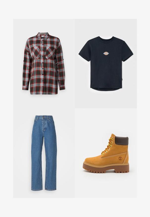 Camicia a maniche lunghe a scacchi caratterizzata da una combinazione di colori verde scuro, rosso, blu e bianco, con due tasche sul petto e chiusura frontale con bottoni.; T-shirt nera in cotone con maniche corte, colletto rotondo e un piccolo logo multicolore sul petto. Orlo dritto con un retro leggermente più lungo.; Jeans blu a vita alta e gamba dritta con una finitura sbiadita. Presentano cinque tasche, una chiusura con bottone e dettagli di cucitura sottili.; Stivale alla caviglia impermeabile color beige con suola in gomma robusta, punta rotonda, colletto in pelle marrone, lacci gialli e un logo sul lato.