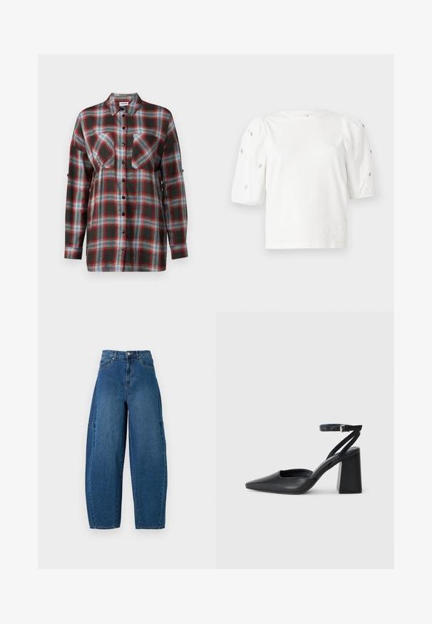 Hosszú ujjú, kockás ing, sötétzöld, piros, kék és fehér színkombinációval, két mellzsebbel és gombos elülső záródással.; Fehér pamut póló rövid puffos ujjakkal, a ujjain kicsi ezüst díszítések találhatók. Klasszikus kerek nyakú, laza fazonú.; Közepes kék mosású farmernadrág, magas derékkal, széles lábszárral és hagyományos öt zsebes kialakítással, látható varrási részletekkel.; Fekete bőr, hegyes orrú magassarkú cipő boka pánttal és vastag sarokkal. Sima textúra, elegáns dizájn és minimális esztétika.