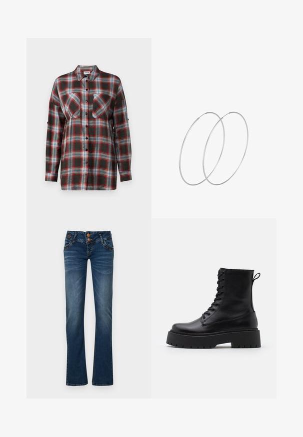 Long-sleeve plaid shirt featuring a dark green, red, blue, and white color scheme, with two chest pockets and button front closure.; Dark blue bootcut jeans with two front buttons, five pockets, and subtle fading on thighs and knees.; Black leather ankle boots with a round toe, lace-up front, and a thick rubber sole featuring a textured tread. Pull tab at the back.; Silver hoop earrings with a minimalist design. Circular shape, smooth texture, and thin profile. Lightweight with a polished finish.