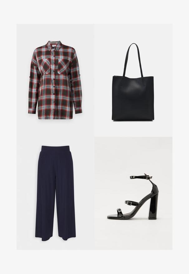 Long-sleeve plaid shirt featuring a dark green, red, blue, and white color scheme, with two chest pockets and button front closure.; Wide-leg trousers in dark navy fabric with a ribbed texture. Features a smooth waistband and a flowy silhouette, reaching mid-calf length.; Black patent heeled sandals with a square toe, ankle straps, and silver buckles. Features a chunky block heel for stability.; Black leather tote bag with smooth texture, rectangular shape, and two long handles. No visible hardware or embellishments.