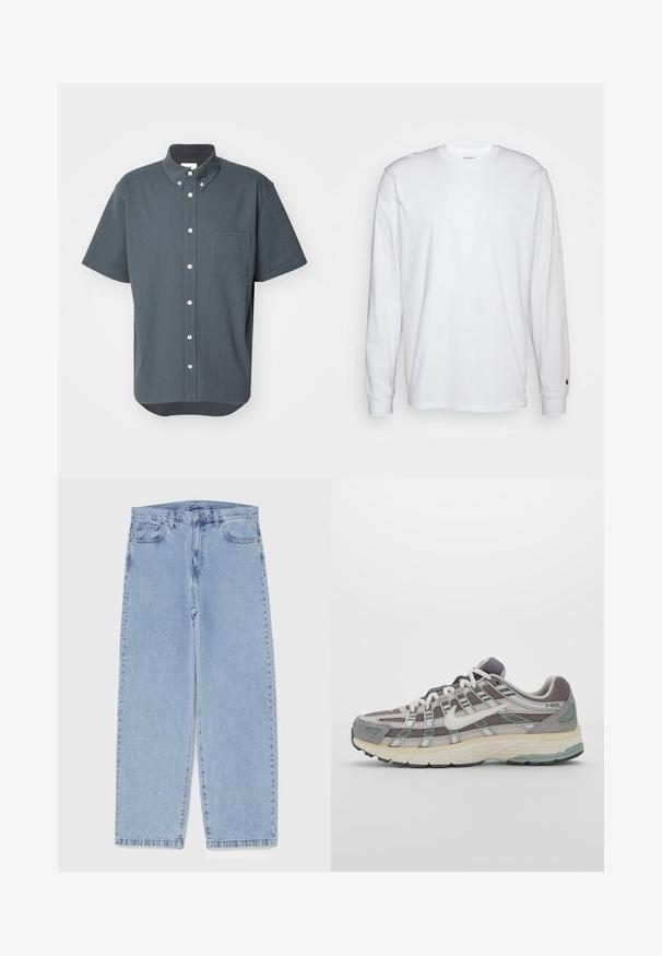 Camisa de botão de mangas curtas em tecido texturizado tipo waffle cinza-escuro, com um bolso no peito e botões brancos. Base arredondada na parte inferior.; T-shirt de mangas longas branca feita de algodão. Design de gola redonda com punhos canelados e um pequeno logotipo na manga esquerda. Textura suave.; Jeans de denim azul claro com design de perna reta, apresentando uma cintura de altura média, cinco bolsos e um fecho de botão e zíper.; Sapatilha atlética cinza com parte superior em malha e camurça, detalhes brancos, sola acolchoada e um design distinto com elementos refletivos.