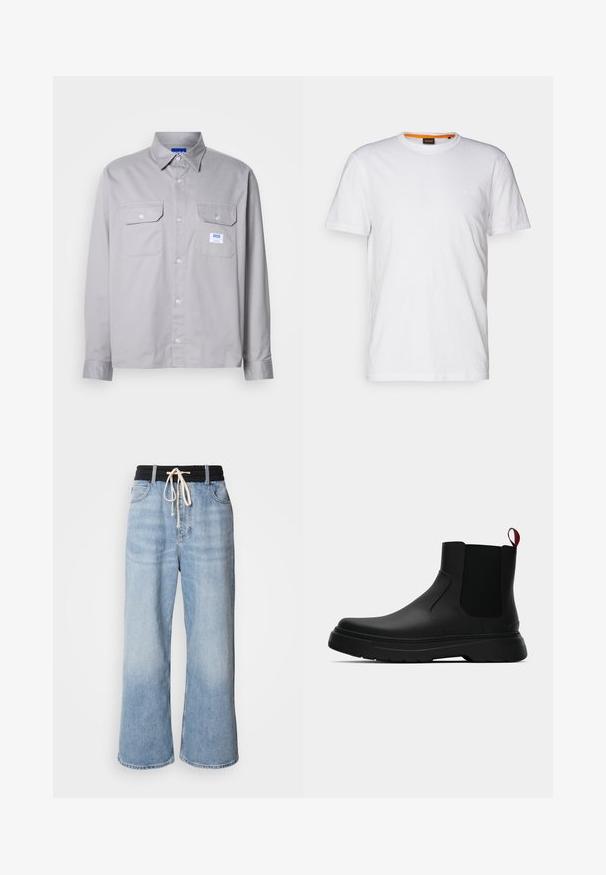 Pilkas medvilninis marškinėlis ilgomis rankovėmis, turintis apykaklę su mygtukais, dvi krūtinės kišenes ir mažą prekinį ženklelį kairiajame kišenėje.; Balta medvilnė marškinėliai su apvalia iškirpte, trumpomis rankovėmis ir subtiliu iškilniu logotipu ant krūtinės. Viduje esantis etiketas turi oranžinį akcentą.; Šviesiai mėlynos plačios kelnės su juodu elastingu juosmeniu, turinčios raištelių užsegimą ir klasikinį penkių kišenių dizainą.; Juodas kulkšninis batas su lygiu paviršiumi, elastiniais šonų intarpais ir kontrastingu raudonu kilimėliu, turintis storą guminį pado ir apvalią nosį.