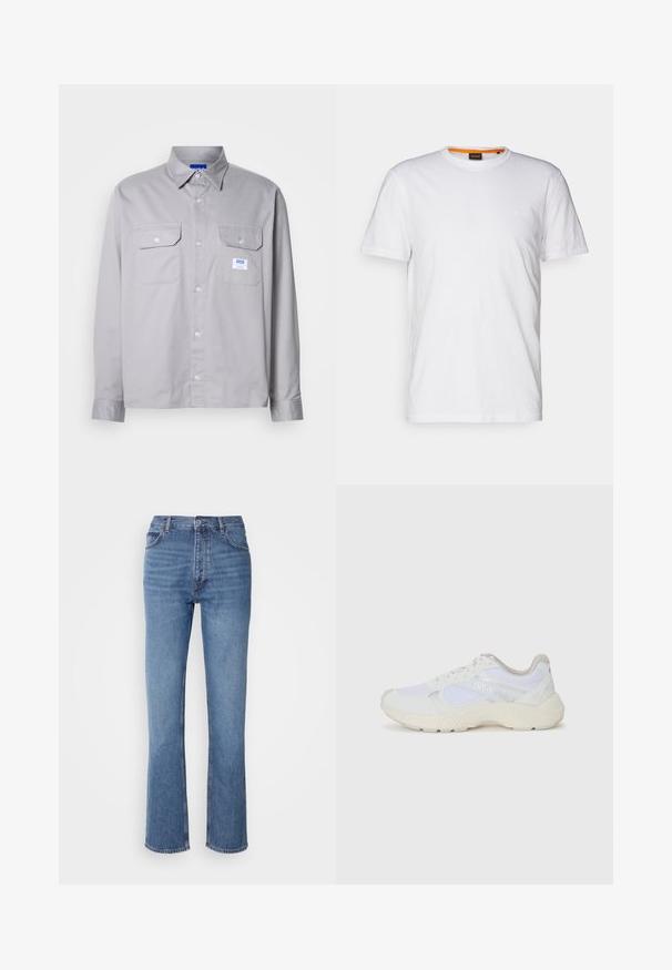 Camicia grigia a maniche lunghe in cotone, con colletto button-down, due tasche sul petto e una piccola etichetta con il marchio sulla tasca sinistra.; T-shirt bianco in cotone con collo rotondo, maniche corte e un logo a rilievo discreto sul petto. L'etichetta interna ha un accento arancione.; Jeans in denim blu con vita alta, design a gamba dritta e leggera sbiaditura. Presentano il classico stile a cinque tasche e chiusura con zip.; Scarpe da ginnastica bianche in mesh e suede, con una suola intermedia testurizzata, dettagli testurizzati e il logo "HUGO" sul lato.
