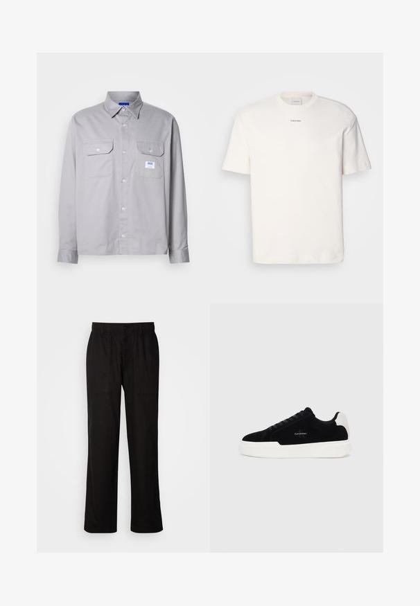 Grå langærmet skjorte lavet af bomuld, med en knap-ned krave, to brystlommer og en lille mærketiket på den venstre lomme.; Hvid bomulds T-shirt med rund hals, korte ærmer og broderet "Calvin Klein" logo i midten af brystet. Enkel design.; Sorte bukser med en afslappet pasform, lavet af letvægtsstof. Har elastisk talje, knaplukning og to forlommer.; Sort lave sneakers med hvid sål og hæltap, snørebånd fortil, og Calvin Klein-logo på siden.