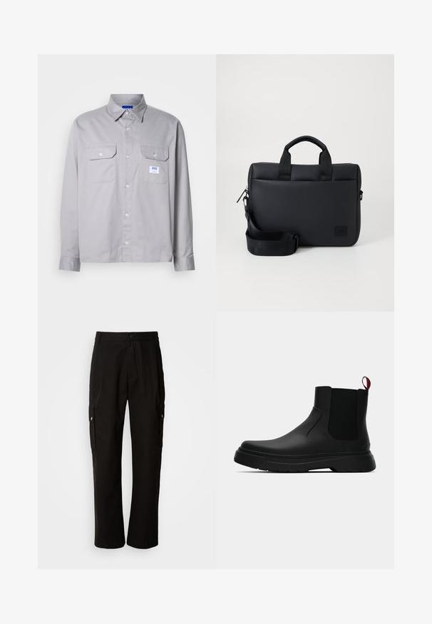 Camicia grigia a maniche lunghe in cotone, con colletto button-down, due tasche sul petto e una piccola etichetta con il marchio sulla tasca sinistra.; Pantaloni cargo neri in cotone con vestibilità comoda, dotati di tasche laterali, chiusura a bottone e gambe dritti. Design semplice senza motivi.; Stivale alla caviglia nero con finitura liscia, pannelli laterali elastici e un tab di presa rosso a contrasto, dotato di una suola in gomma spessa e punta arrotondata.; Borsa per laptop nera con texture, dotata di doppie maniglie superiori, tracolla staccabile, chiusura con zip e un piccolo patch logo per il branding.