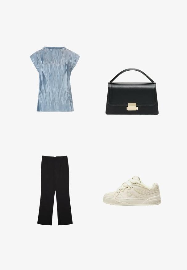 Světle modrý top s skládacím designem, krátkými kapkovými rukávy a kulatým výstřihem. Vyrobeno z hladké tkaniny s texturovaným povrchem.; Černé kalhoty s rovným střihem, s předními kapsami a bočními rozparky na lemu. Vyrobené z jemné, hladké tkaniny. Vhodné na různé příležitosti.; Beige tenisky s texturovaným svrškem, výraznými tkaničkami, síťovinovými panely a silnou podrážkou. Zakřivený design s měkkým límcem pro pohodlí.; Černá kožená kabelka se strukturovaným designem, horním uchopením a zlatým kovovým zapínáním na přední straně. Hladký povrch, minimální švy.