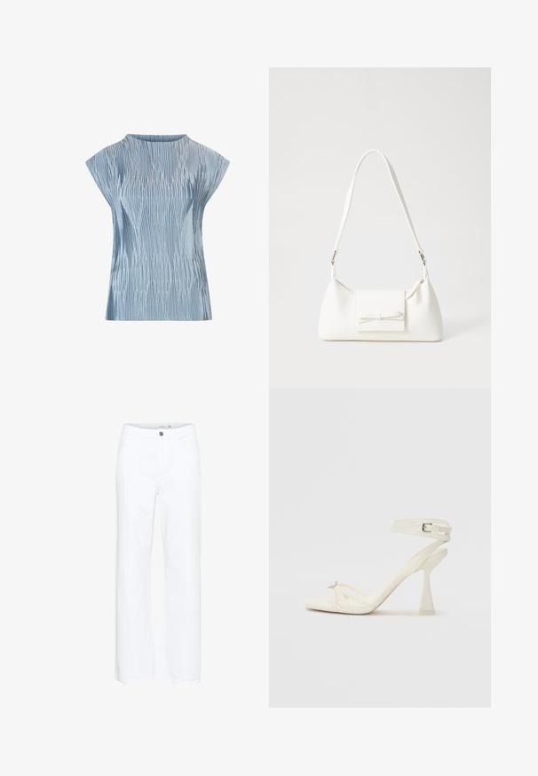 Hellblaues Oberteil mit einem gefältelten Design, kurzen Puffärmeln und einem runden Halsausschnitt. Hergestellt aus glattem Stoff mit einer strukturierten Oberfläche.; Weiße weit geschnittene Jeans aus Denim. Mit Knopfverschluss und traditionellem Fünf-Taschen-Design. Glatte Textur mit sauberem Finish.; Sandaletten aus weißem Leder mit hohen Absätzen, schlankem Design, transparentem Blockabsatz und einem dekorativen Element an der Zehe.; Weiße synthetische Handtasche in dreieckiger Form, flache Vorderklappe und Schleifendetail, verstellbarer Trageriemen, glatte Textur und minimalistisches Design.