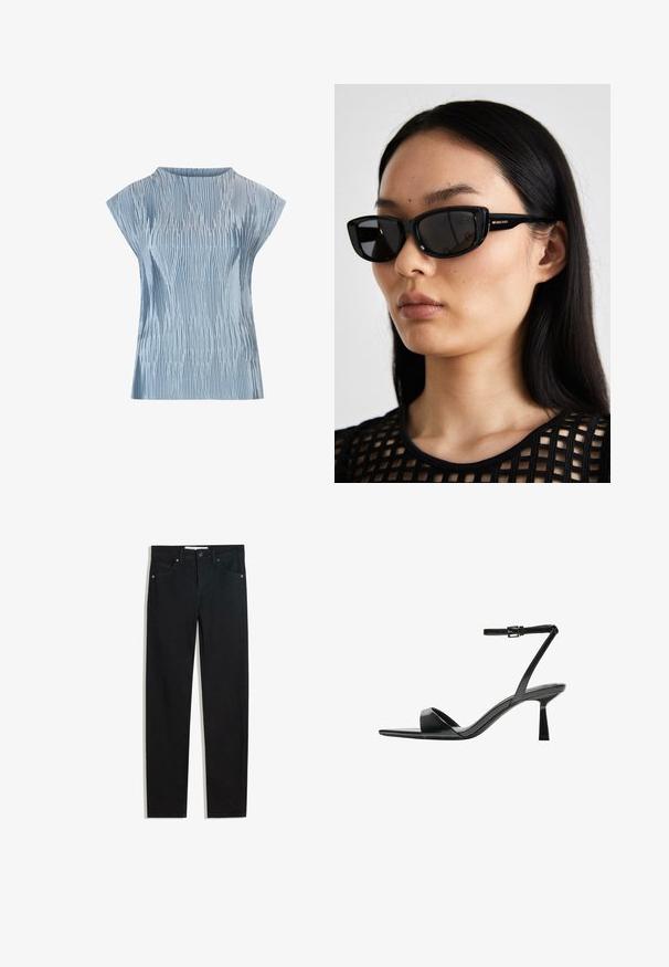 Svetlo modra majica z nabrano zasnovo, kratkimi kapicami in okroglim izrezom. Narejena je iz gladkega blaga z teksturiranim zaključkom.; Črne jeans hlače s ravnim krojem, petimi žepi, kovinskim gumbom za zapiranje in subtilnimi šiviljskimi podrobnostmi. Gladka tekstura.; Bershka Sandali z visoko peto - black; Črne sončne očala v mačje oči s temnimi lečami, sijajnim plastičnim okvirjem in zlatim logotipom na špici. Minimalističen dizajn in lahka tekstura.; Črna lakasta usnjena torbica s ukrivljeno obliko, enim ramenskim trakom, sprednjimi žepi in srebrnimi kovinskimi dodatki.