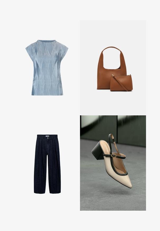 Light blue top featuring a pleated design, short cap sleeves, and a round neckline. Made of smooth fabric with a textured finish.; Dark denim wide-leg trousers with pleats at the waist, featuring a front button and belt loops. Smooth texture and full-length design.; Beige pointed-toe slingback shoe with black trim, gold buckle, and a chunky block heel on gray floor with dark green background.; Brown synthetic handbag with a curved handle and a smooth texture. Includes a matching small pouch with a zipper. Minimalist design.