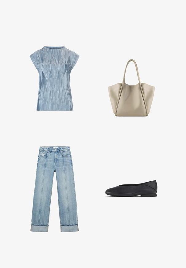 Top azzurro chiaro con design plissettato, maniche corte a cappuccio e scollatura rotonda. Realizzato in un tessuto morbido con una finitura testurizzata.; Jeans a gamba larga in denim blu chiaro con vita alta, dotati di cinque tasche, cuciture visibili e orli risvoltati ai polsini.; Scarpa piatta nera in pelle con punta arrotondata e tacco basso, progettata per un uso casual o formale.; Borsa tote in pelle beige con un design spazioso e strutturato. Presenta due manici lunghi e cuciture sottili; senza hardware visibile.