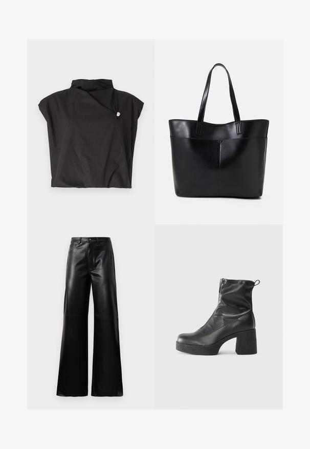 Top nero a maniche corte con colletto alto, design asimmetrico e chiusura laterale adornata con un accento argentato. Tessuto leggero e texturizzato.; Pantaloni ampi a vita alta in ecopelle neri con bottone frontale, chiusura con zip, passanti per cintura e tasche laterali su sfondo bianco.; Stivali neri alla caviglia in pelle liscia, con zip laterale, tacco spesso e texture, e punta arrotondata.; Borsa a tracolla in pelle nera con due manici lunghi, una texture liscia e una forma strutturata. Presenta una tasca frontale per ulteriore spazio di archiviazione.