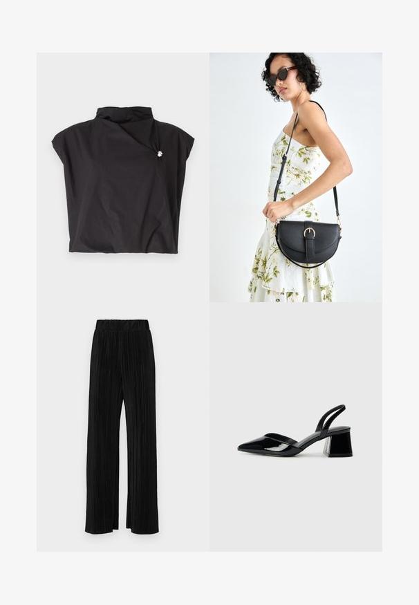 Svart kortermet topp med høy krage, asymmetrisk design og en sidelukking prydet med en sølv aksent. Lett, teksturert stoff.; Sorte plisserte bukser med elastisk midje. Har vide ben og et glatt, strukturert stoff med vertikale striper.; Svarte patentlær slingback hæler med spiss tå og geometrisk blokk hæl. Har et stilrent, minimalistisk design og jevn tekstur.; Svart lærveske med en buet form, avtagbar stropp og gullbeslag. Vesken har et klaff med spenne-detall.