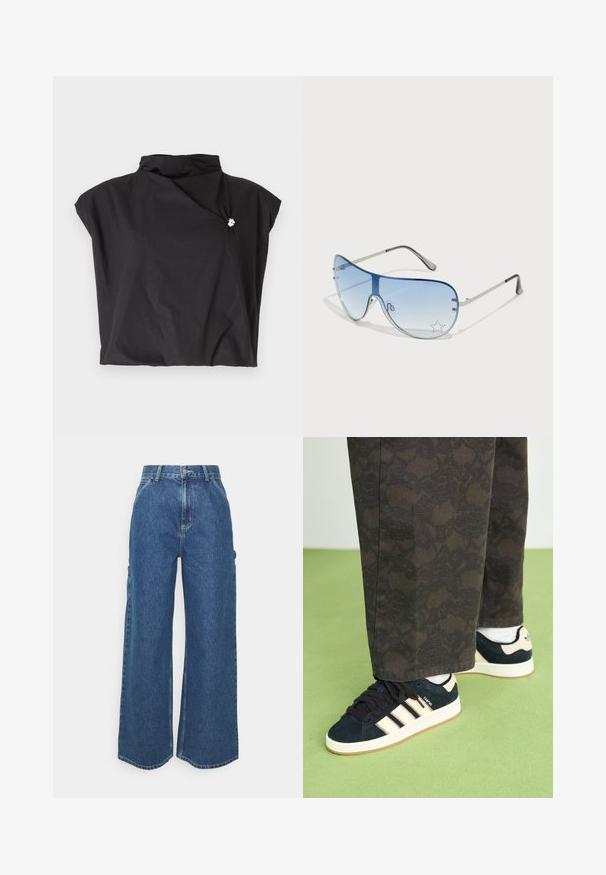 Svart kortermet topp med høy krage, asymmetrisk design og en sidelukking prydet med en sølv aksent. Lett, teksturert stoff.; Videbeinete blå denimbukser med høy midje, kontraststing, og sidelommer, med et klassisk fem-lommers design og rå kanter.; Sorte og mønstrede bukser kombinert med marineblå suedesko med kremfargede striper og hvite såler. Overflatene som vises er teksturerte og flate.; Pilotbriller med gradient blå linse, sølvfarget metallramme og dekorative stjerneaksenter på linsen. Glatt og stilren design.