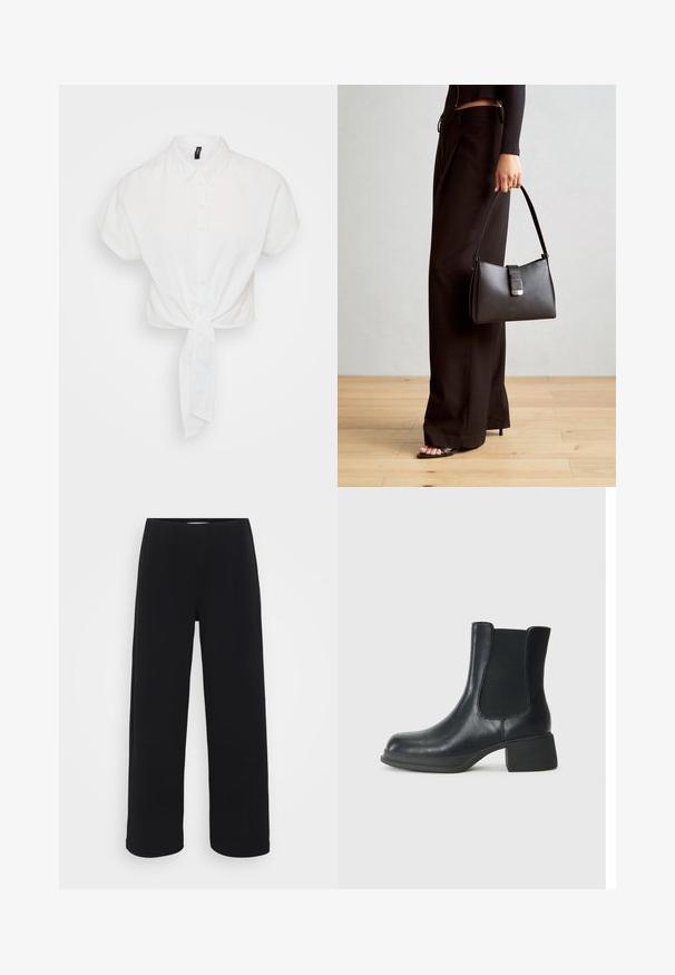 White cropped shirt with short sleeves, button-front, and a tied knot at the waist. Made from a smooth, lightweight fabric.; Black wide-leg pants with an elastic waistband. Made from a textured material, featuring a loose fit and straight cut from hips to hem.; Black leather ankle boot with elastic side panels, rounded toe, and a low block heel. The surface has a smooth texture and minimal detailing.; Black handbag with structured shape, smooth texture, and a metallic clasp. Paired with wide black pants and open-toe sandals on wooden floor.
