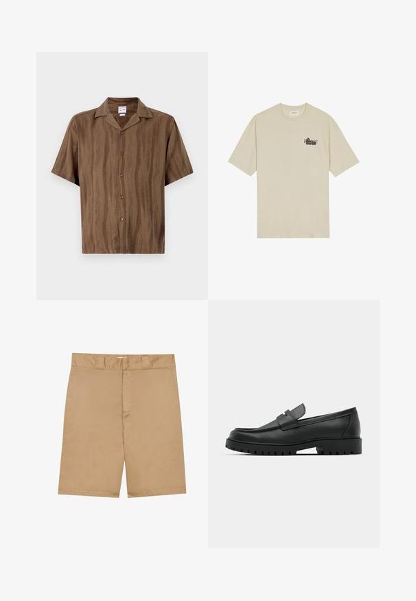 Brun kortermet skjorte med en subtil stripet tekstur, knappelukking foran og klassisk krage. Lett stoff.; Beige bomulls t-skjorte med korte ermer, rund hals og svart grafisk trykk som viser ordet "ROMA" på framsiden.; Khaki shorts med flat midje, glidelås foran og sidelommer; laget av et glatt, lett stoff med en subtil tekstur.; Sorte lærloafere med rund tå, med en syddesign, lav plattformsåle og en teksturert, ruggede gummisåle.